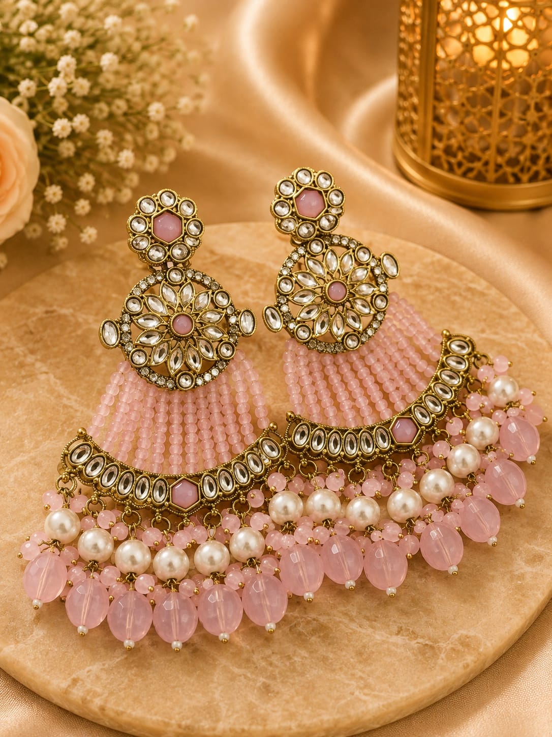 Pink pleated-fan pearl fringe earrings