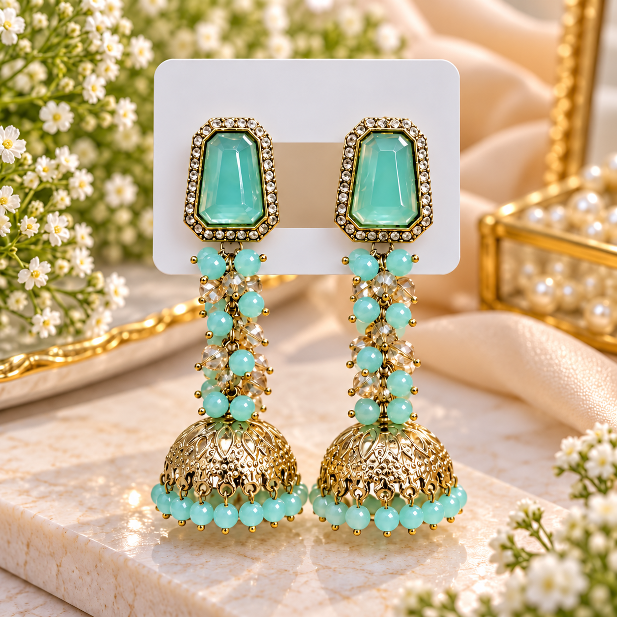 Turquoise square top jhumka earrings