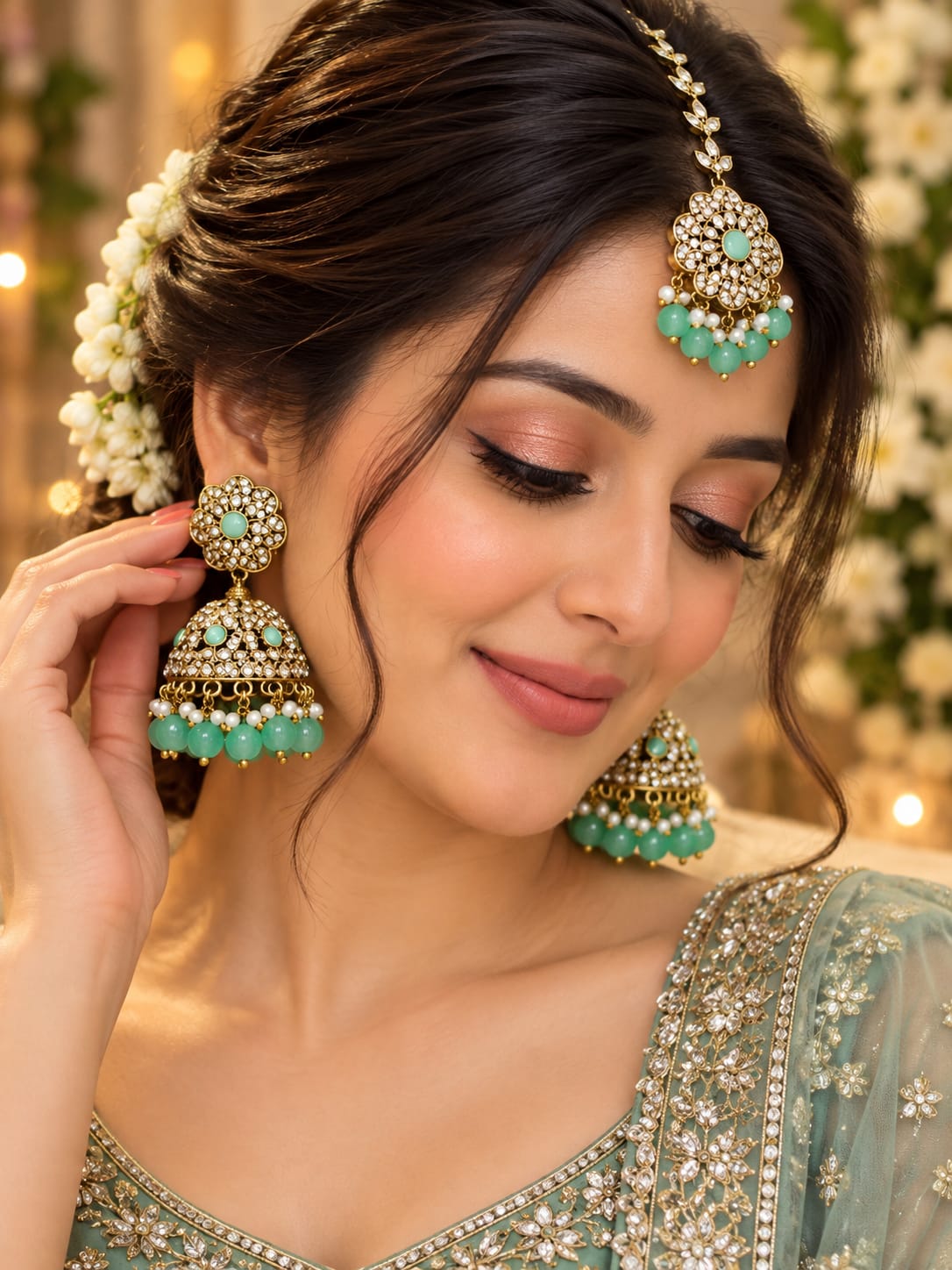 Pale green floral jhumka and maang tikka set