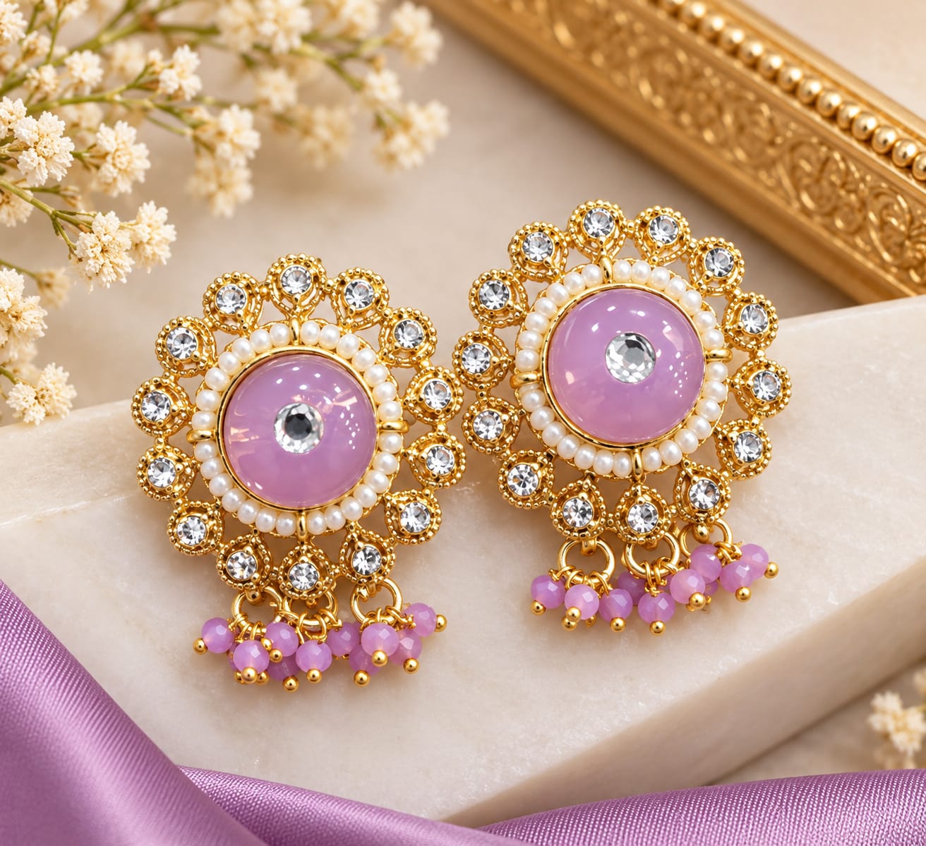 Pink and lilac round pearl drop studs