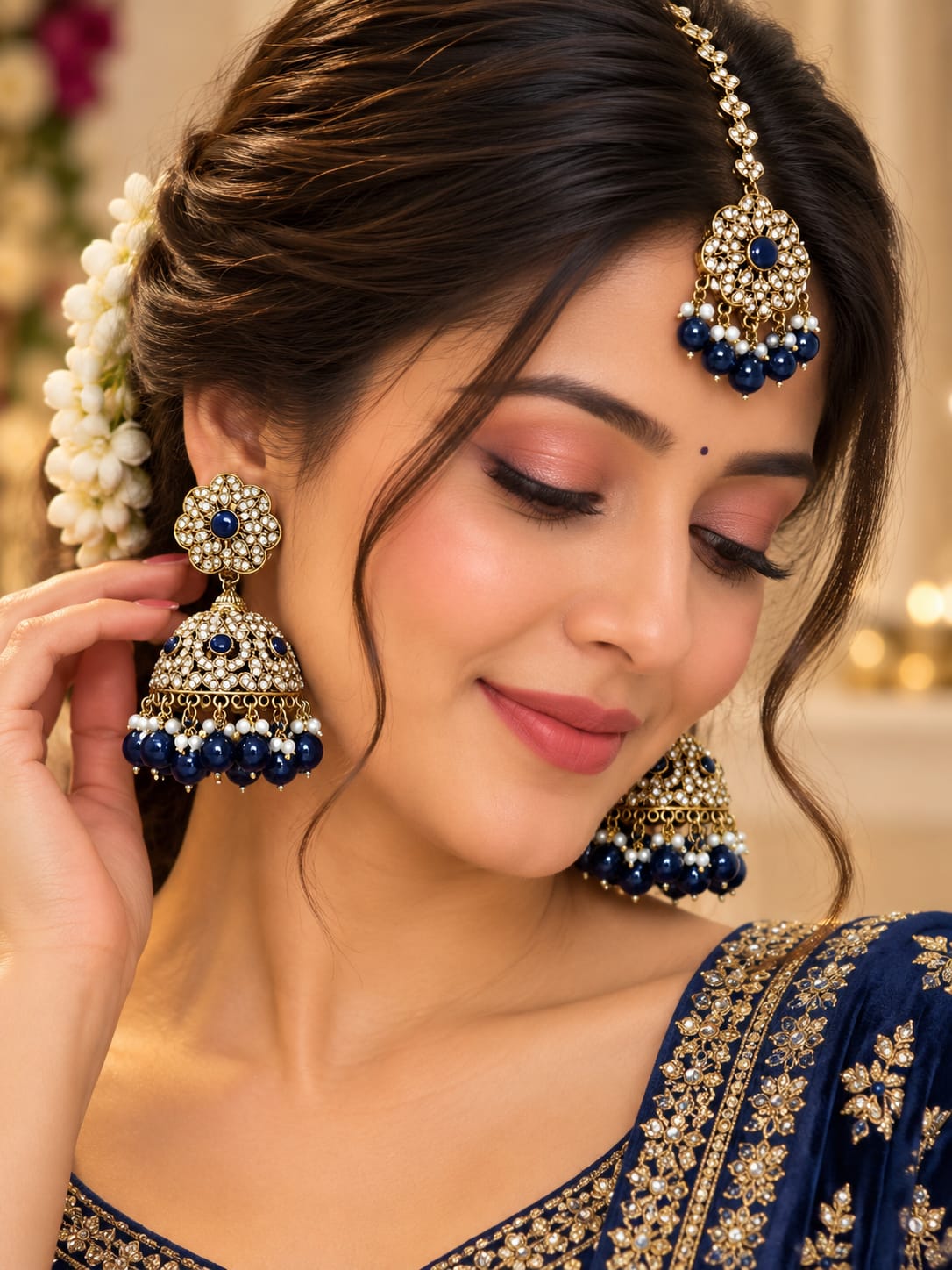 Royal blue floral jhumka and maang tikka set