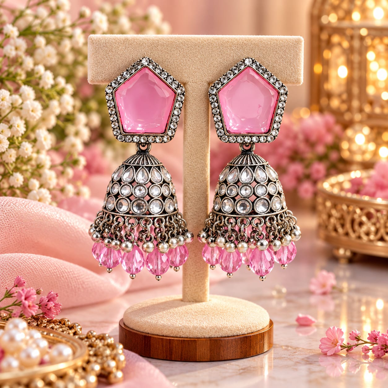 Pink pentagon-top silver-tone jhumkas