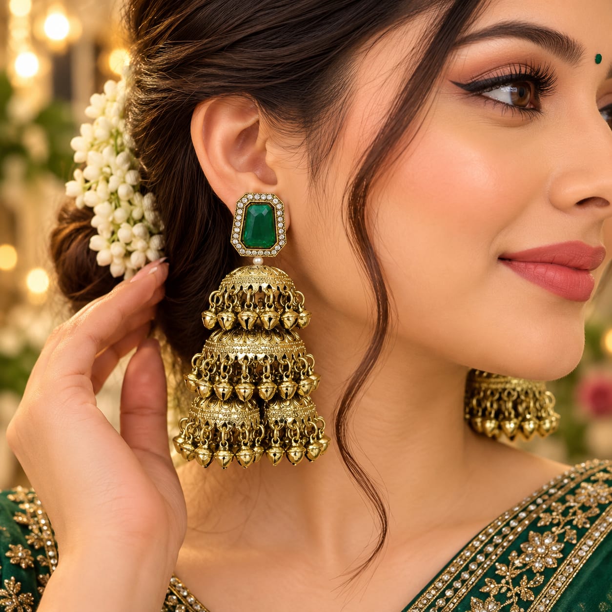 Emerald tiered Kashmiri jhumkas