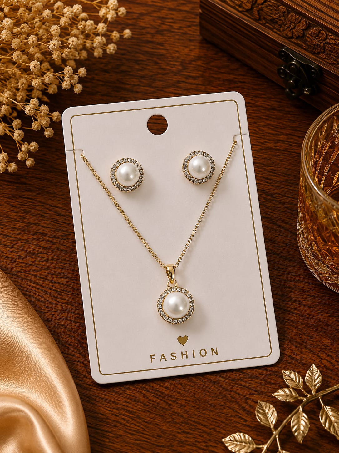 Pearl halo pendant and studs