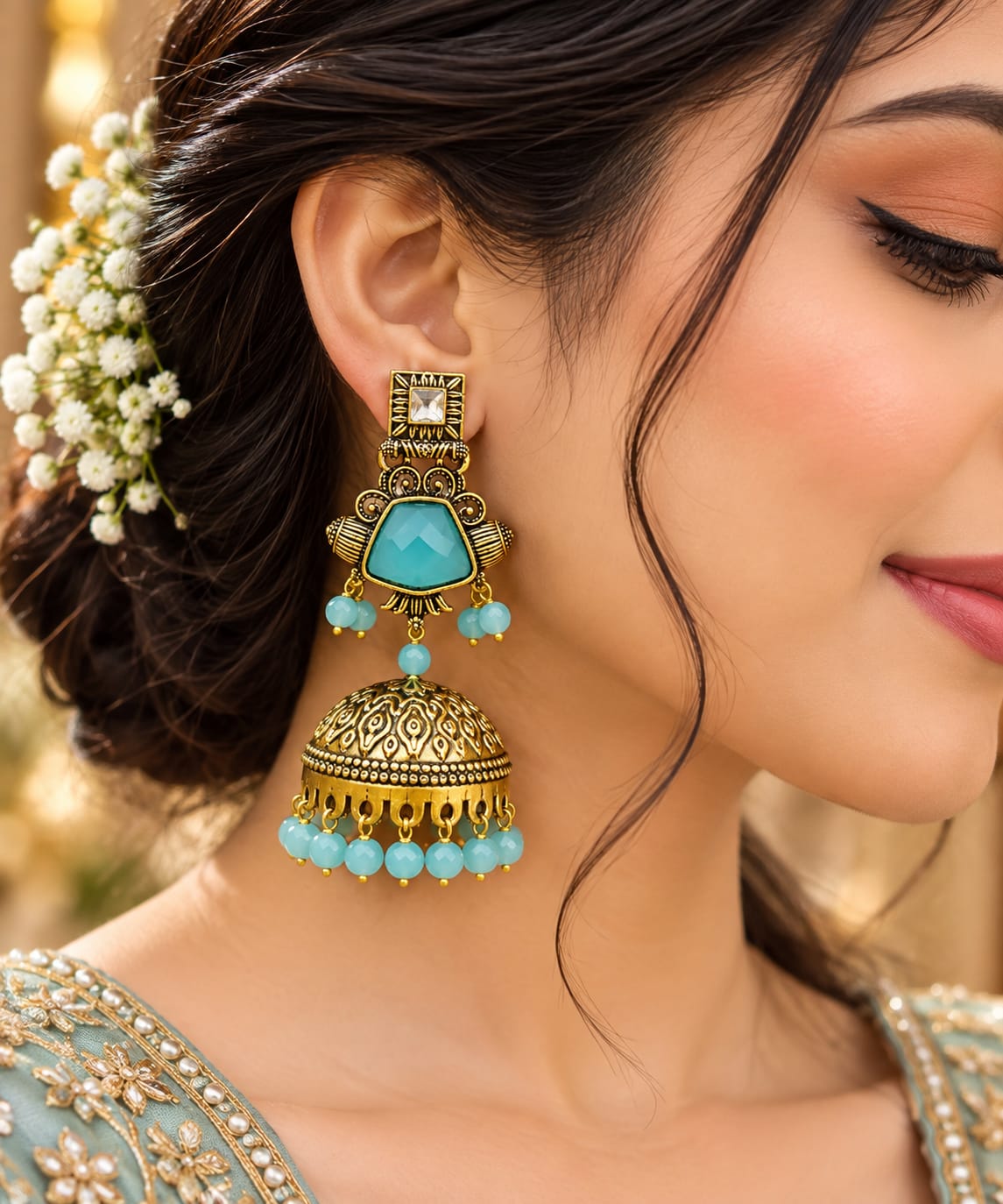 Turquoise square-top coloured-bead jhumka earrings