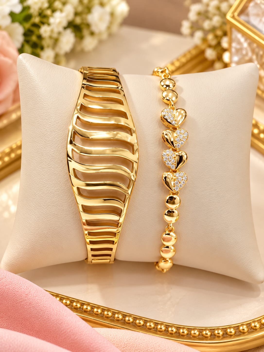 Wavy gold cuff and heart bracelet combo