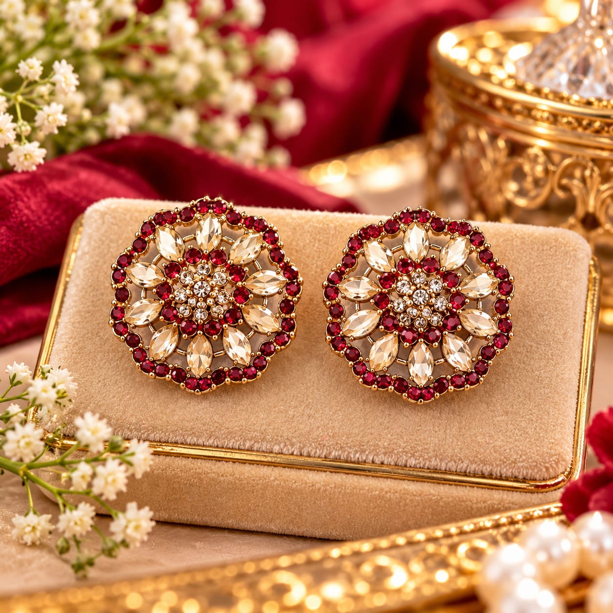 Maroon floral rosette stud earrings