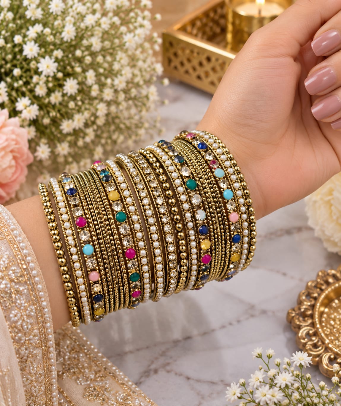 Multicolour slim-stone layered bangle set, additional product photo 2