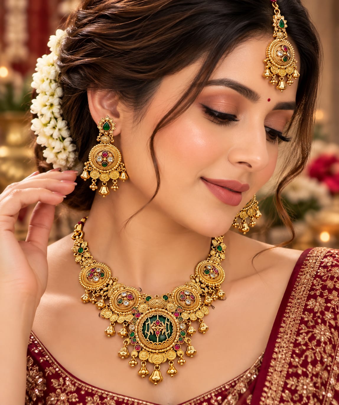 Antique ruby and green choker, earrings and tikka set