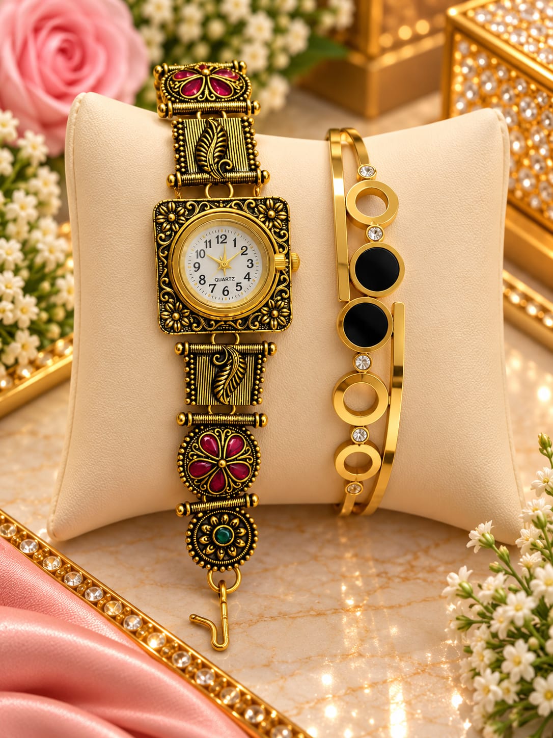 Antique gold watch and Black stone bracelet combo
