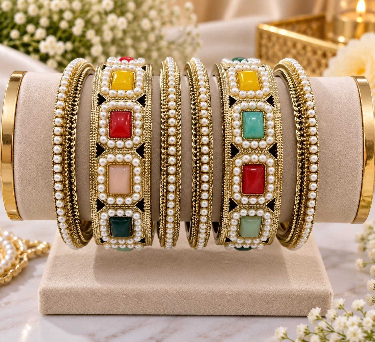 Multicolour square-stone layered bangle set