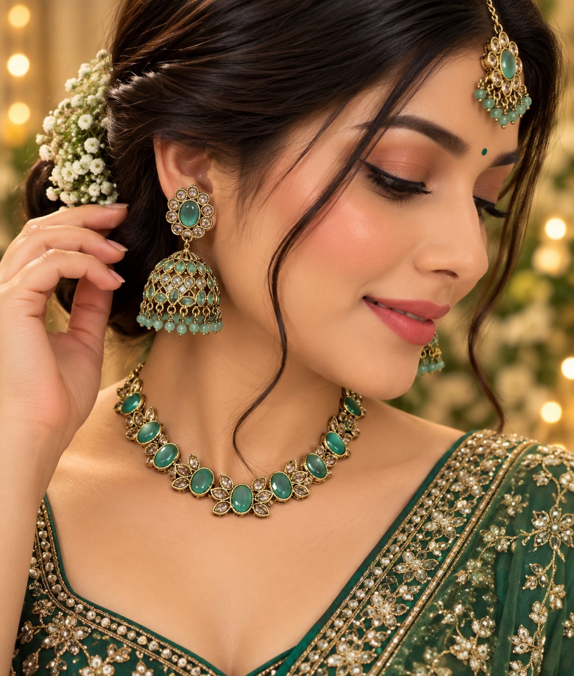 Aqua blue stone necklace, jhumki and tikka set