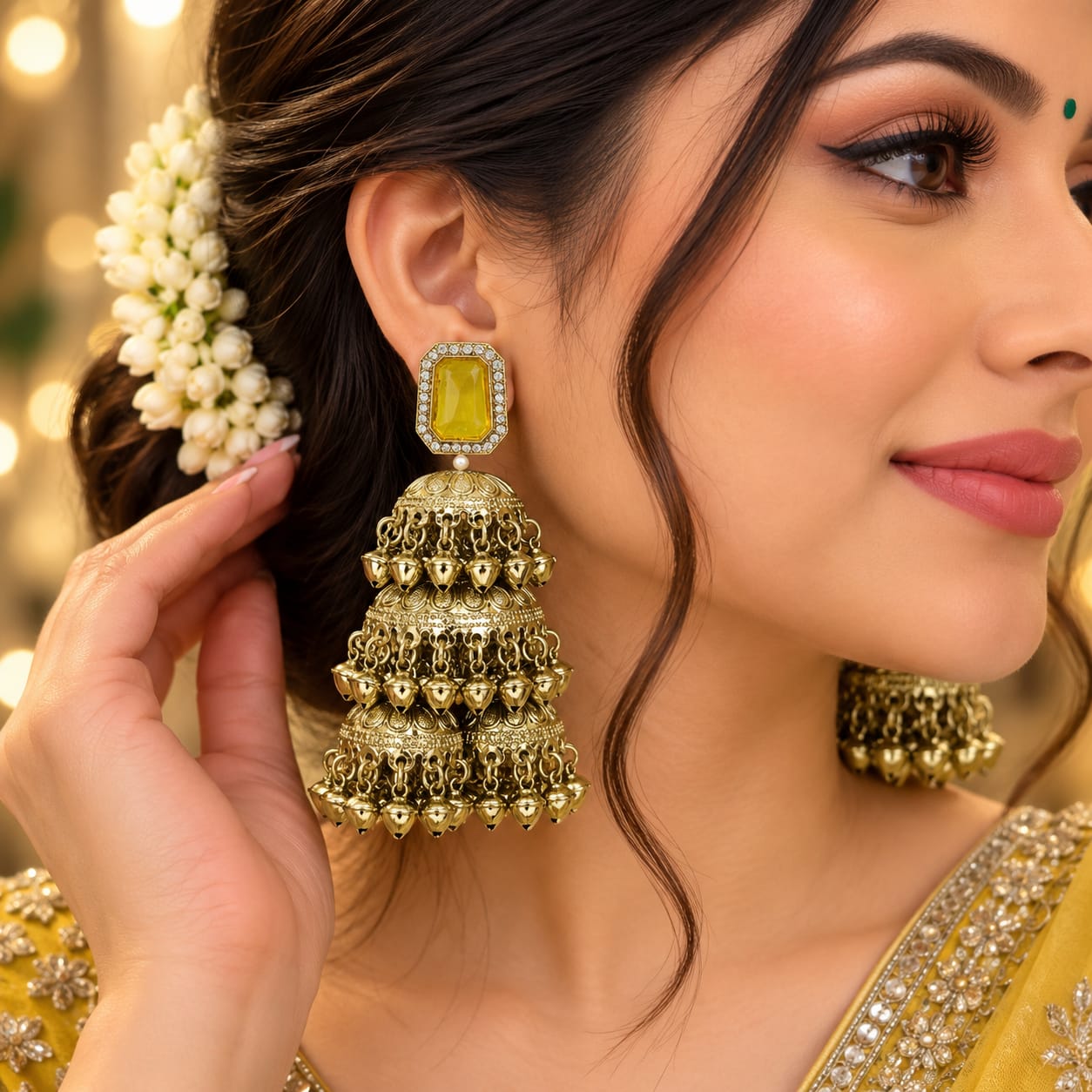 Yellow tiered Kashmiri jhumkas