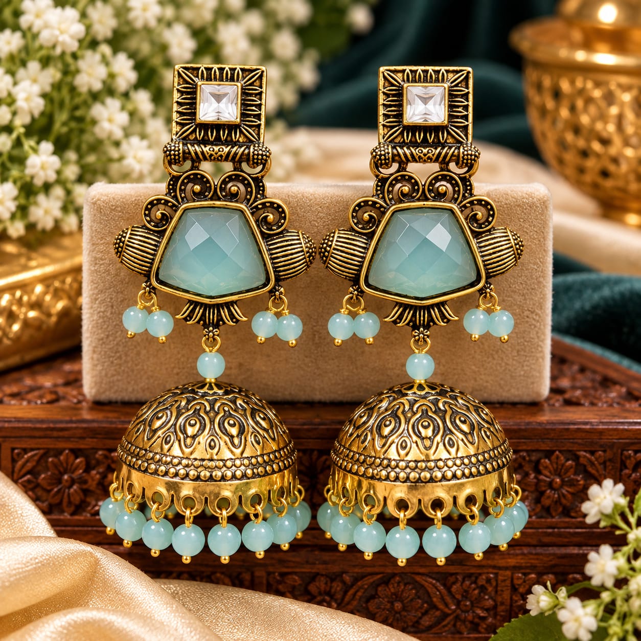 Pale mint square-top coloured-bead jhumka earrings