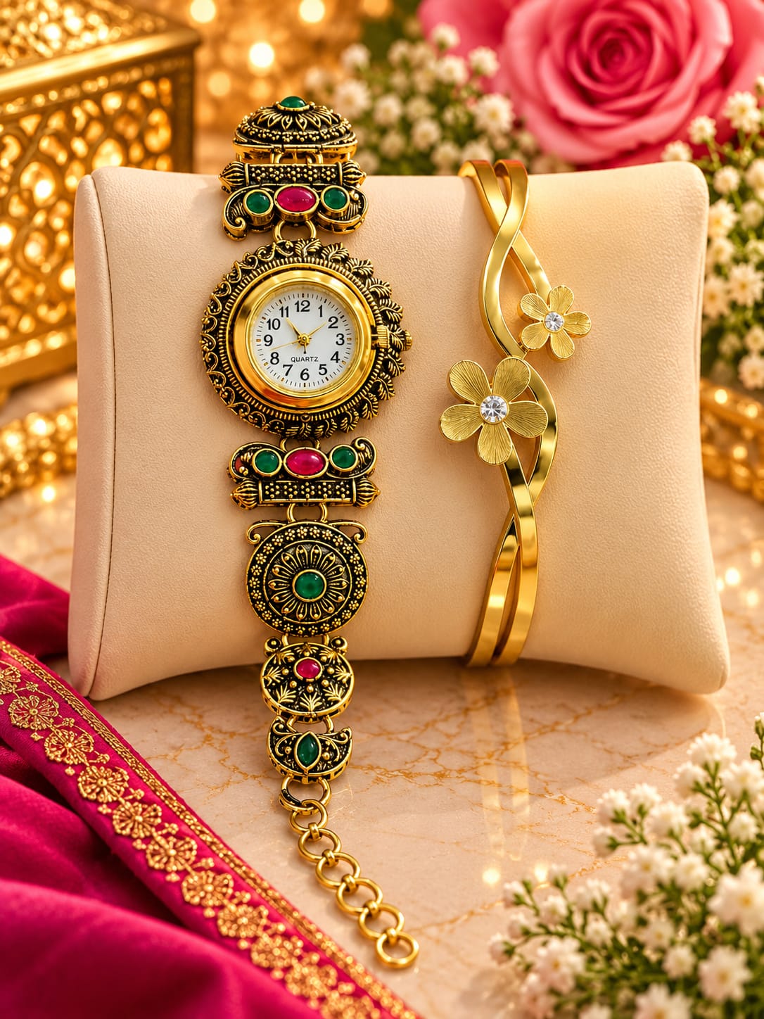 Antique gold watch and Gold floral bracelet combo