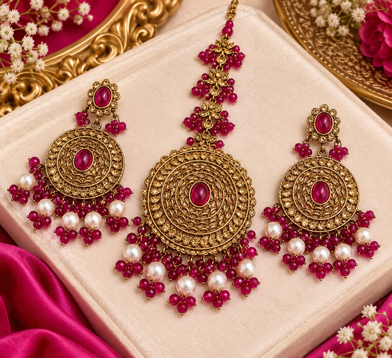 Pink circular earrings and maang tikka set