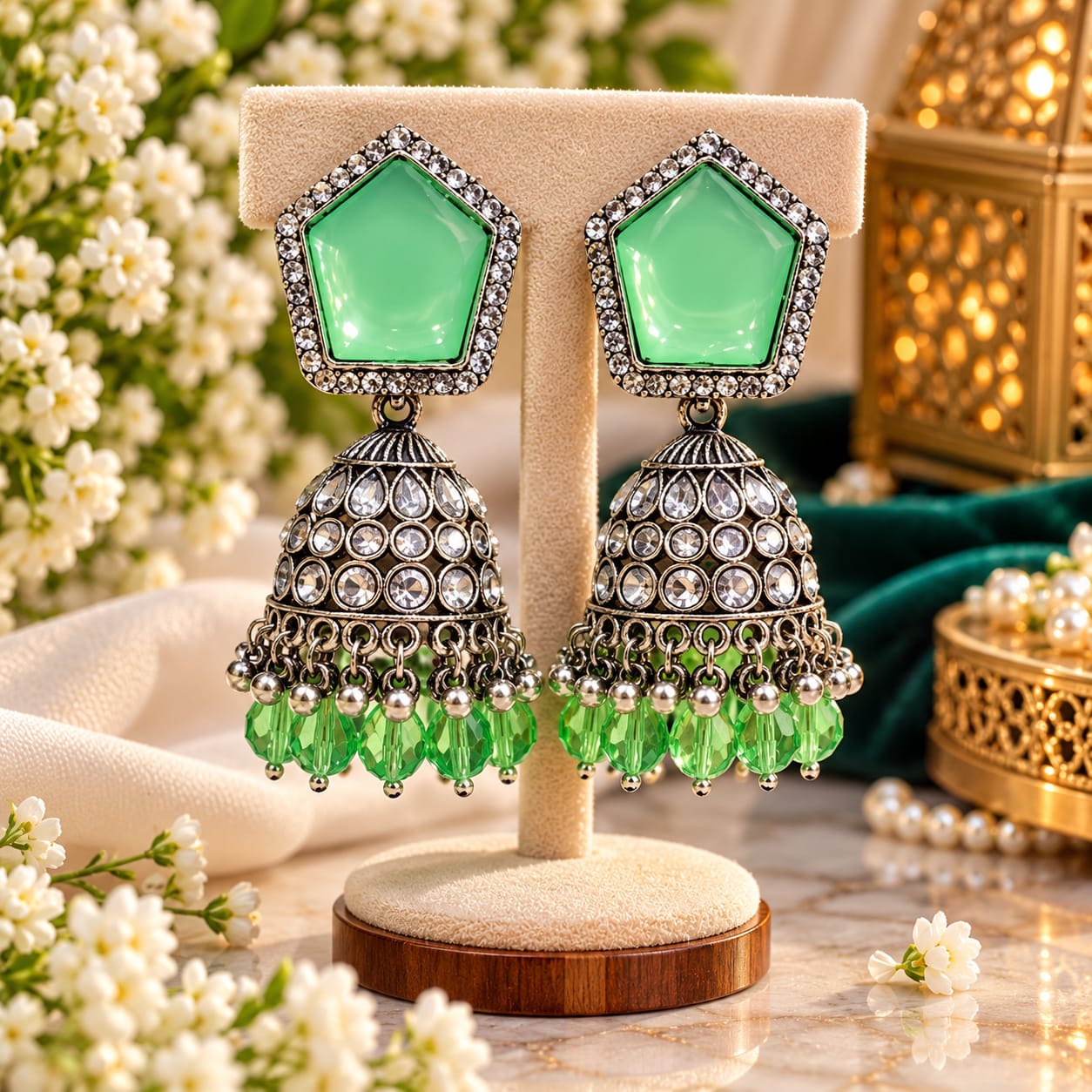 Mint pentagon-top silver-tone jhumkas
