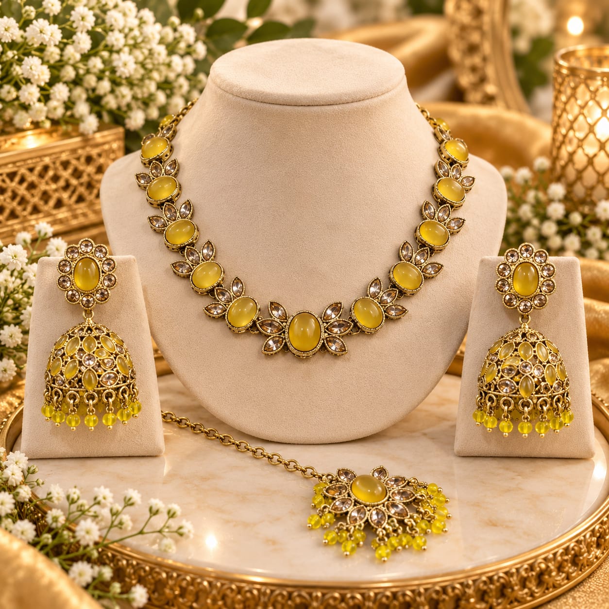 Yellow stone necklace, jhumki and tikka set