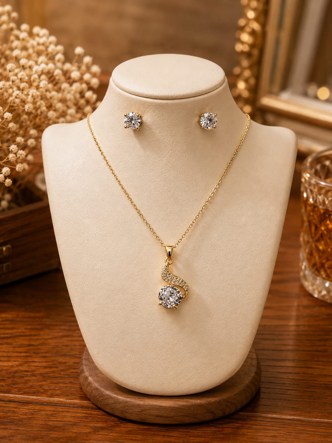 Curved crystal pendant and studs