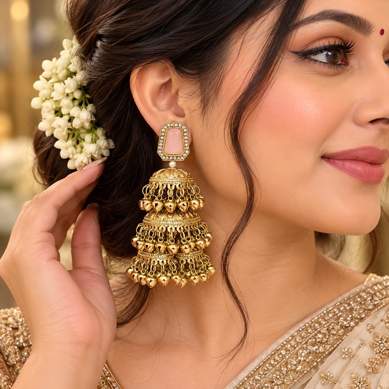 Blush tiered Kashmiri jhumkas