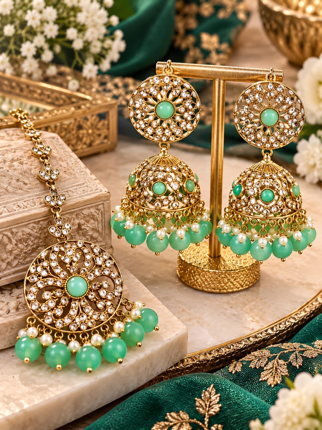 Pale green floral jhumka and maang tikka set