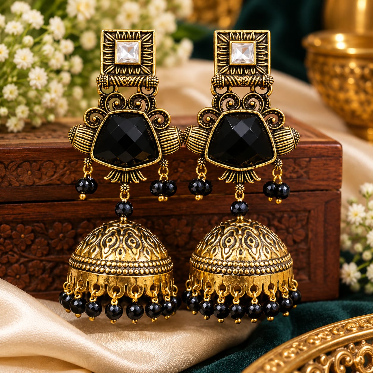 Black square-top coloured-bead jhumka earrings