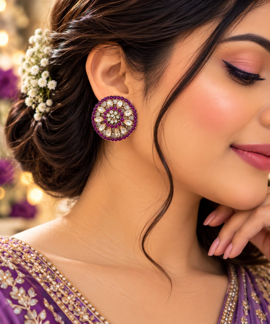 Purple floral rosette stud earrings
