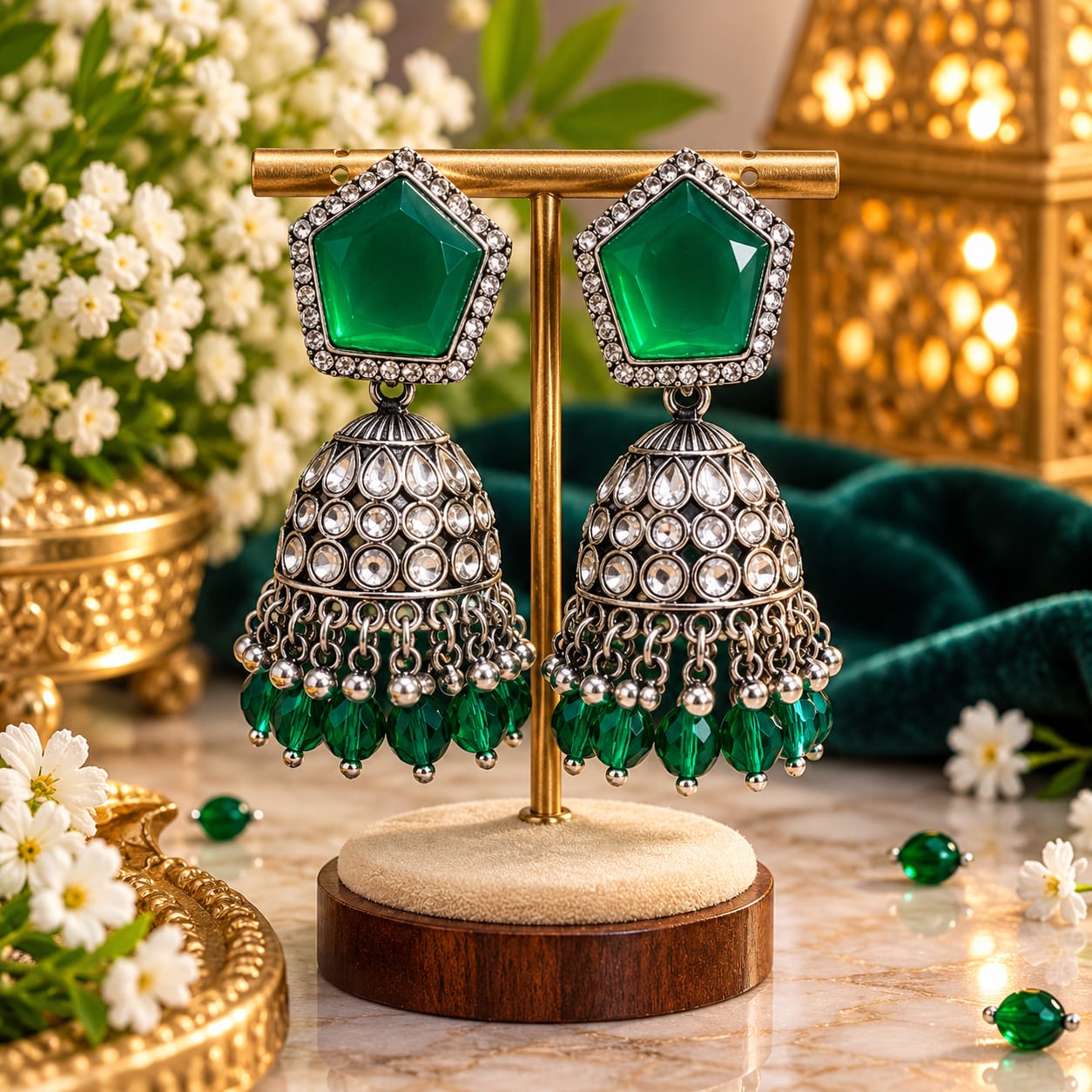 Emerald pentagon-top silver-tone jhumkas