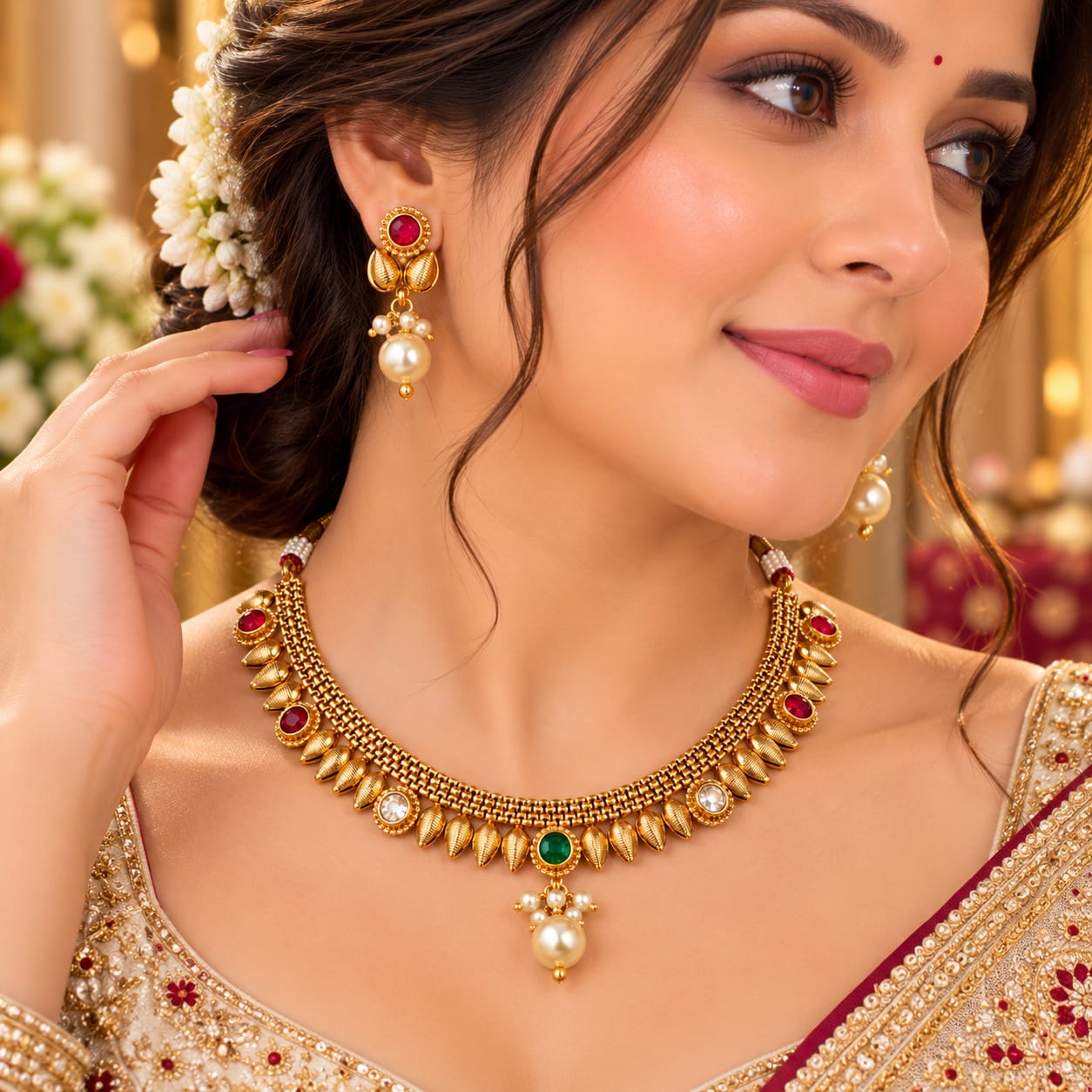 Ruby floral and green centre necklace and earrings set, additional product photo 3