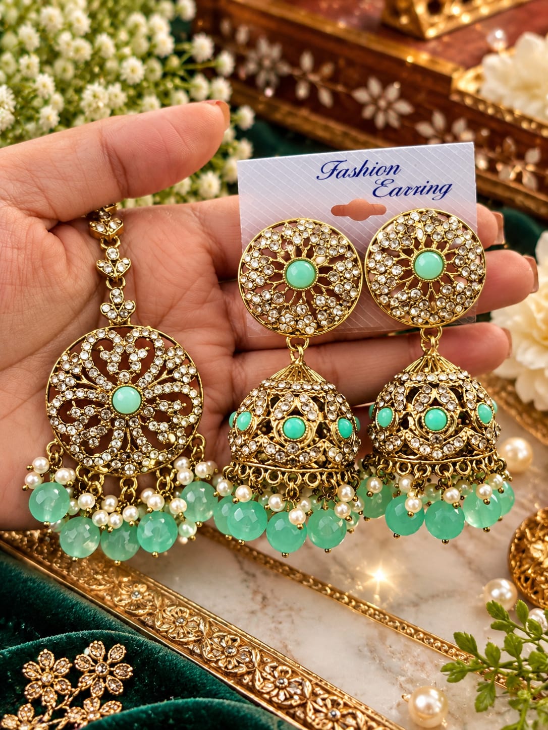 Pale green floral jhumka and maang tikka set