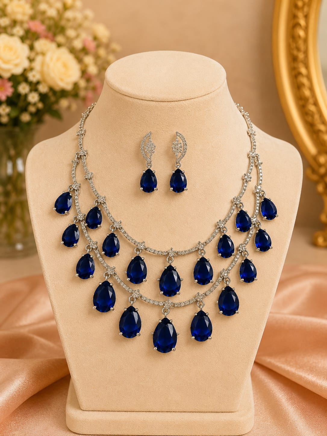 Navy blue double-row teardrop necklace set