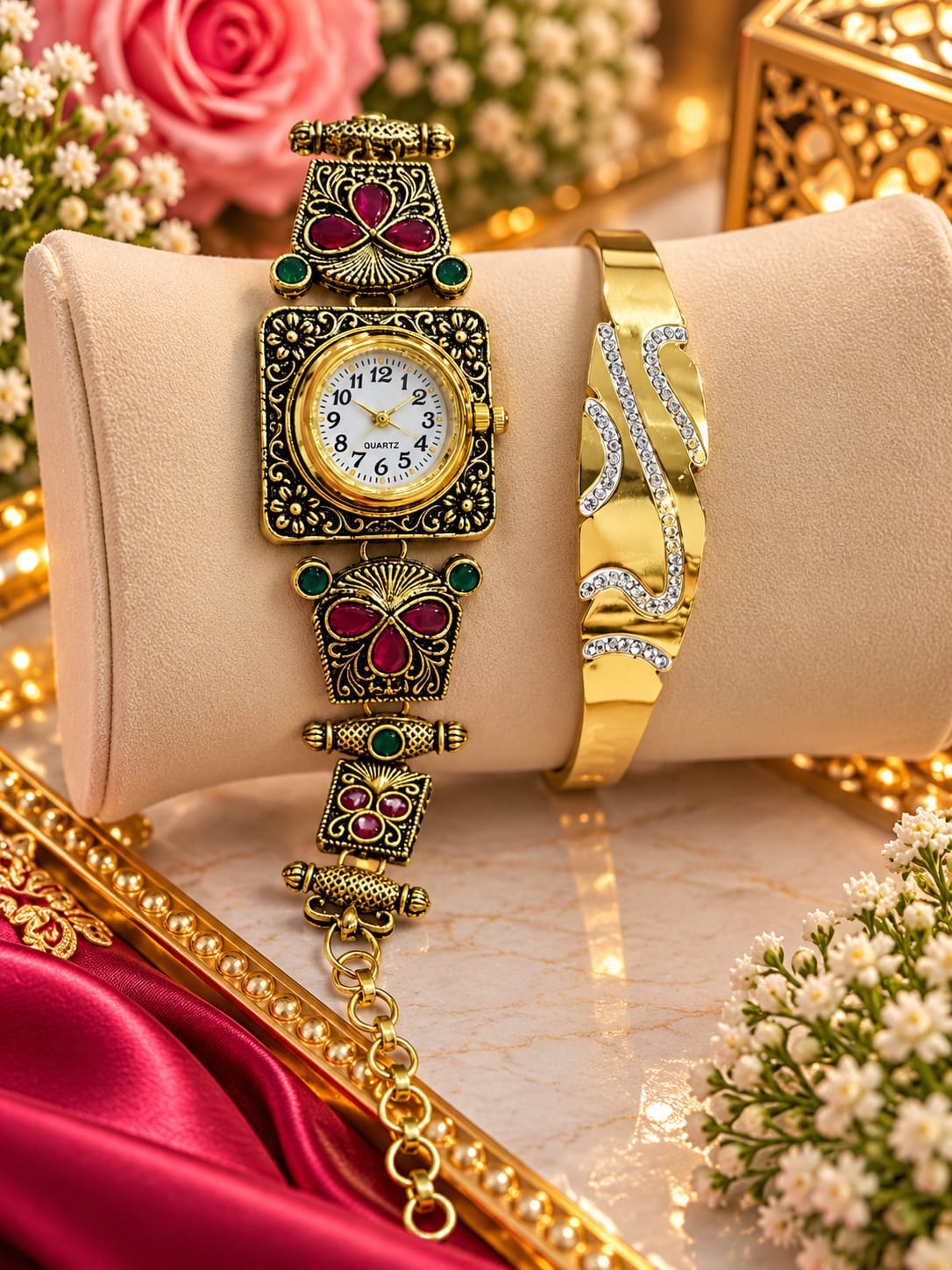 Antique gold watch and Crystal wave bracelet combo