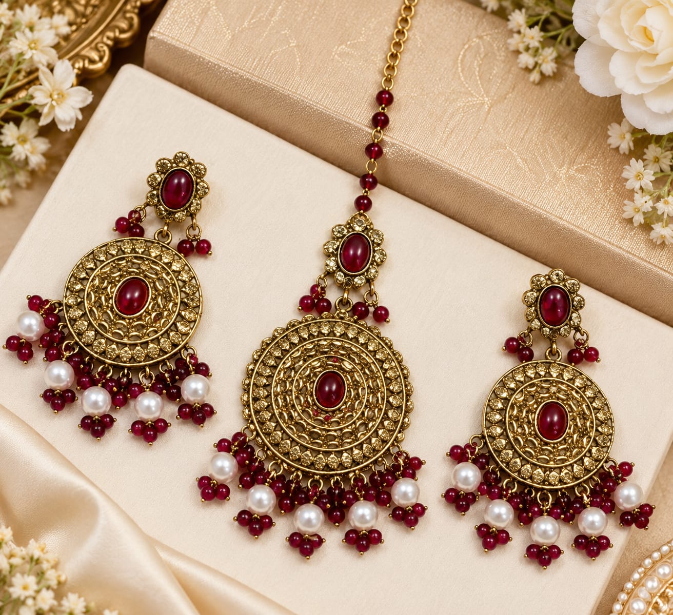 Maroon circular earrings and maang tikka set