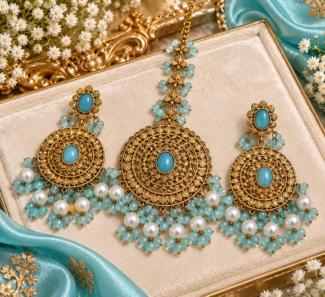 Blue circular earrings and maang tikka set
