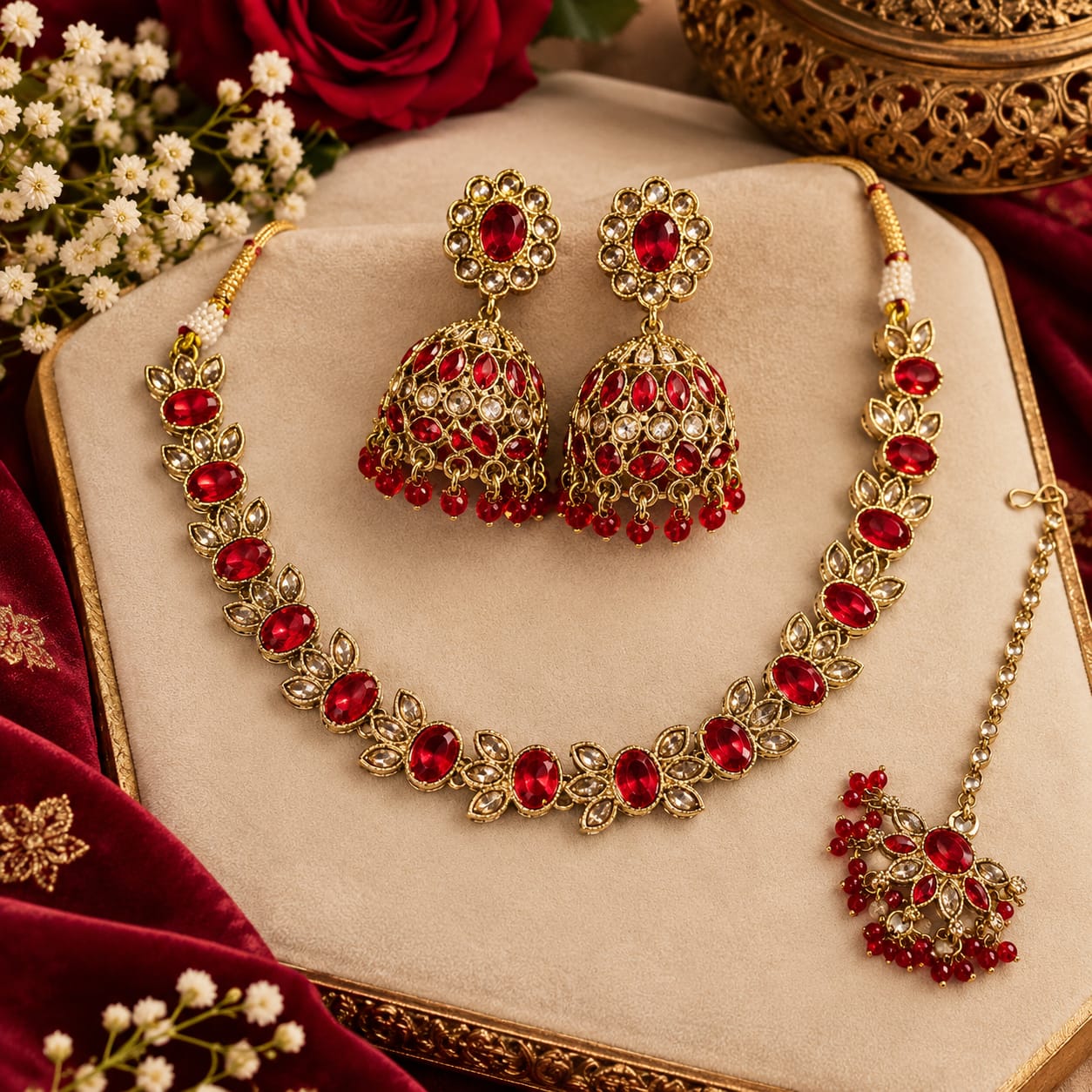Ruby red stone necklace, jhumki and tikka set