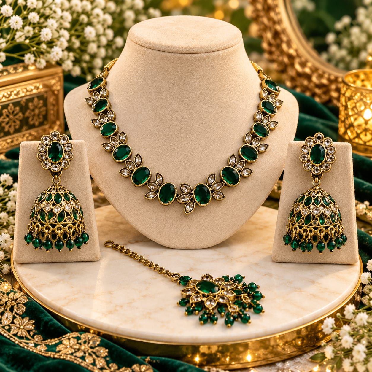 Emerald green stone necklace, jhumki and tikka set