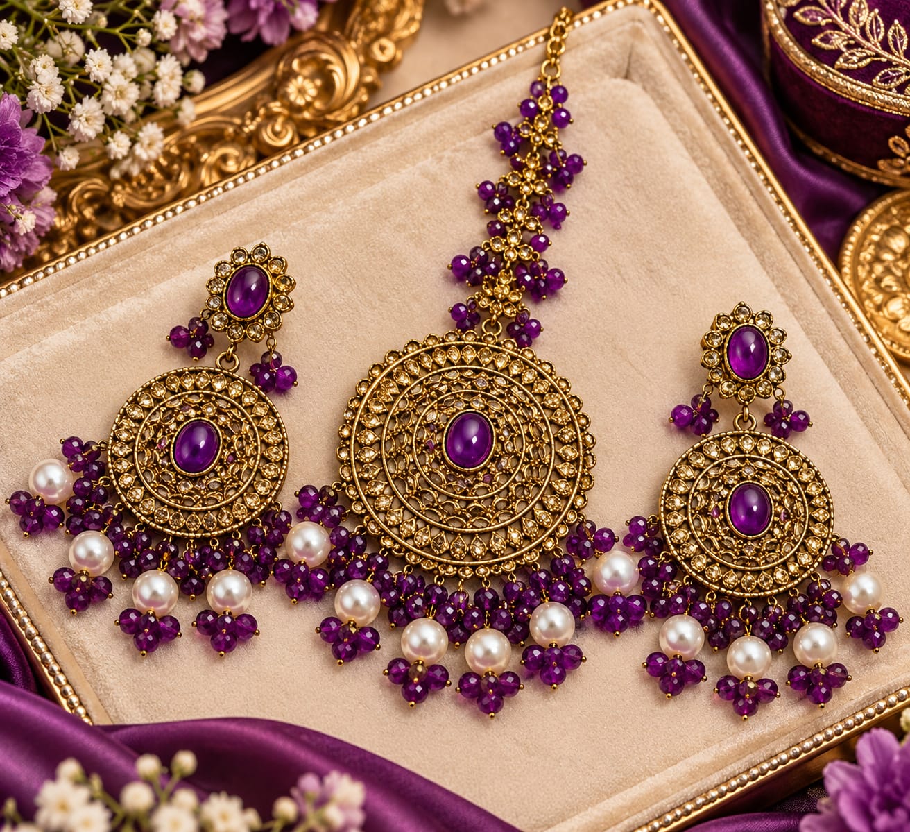 Purple circular earrings and maang tikka set