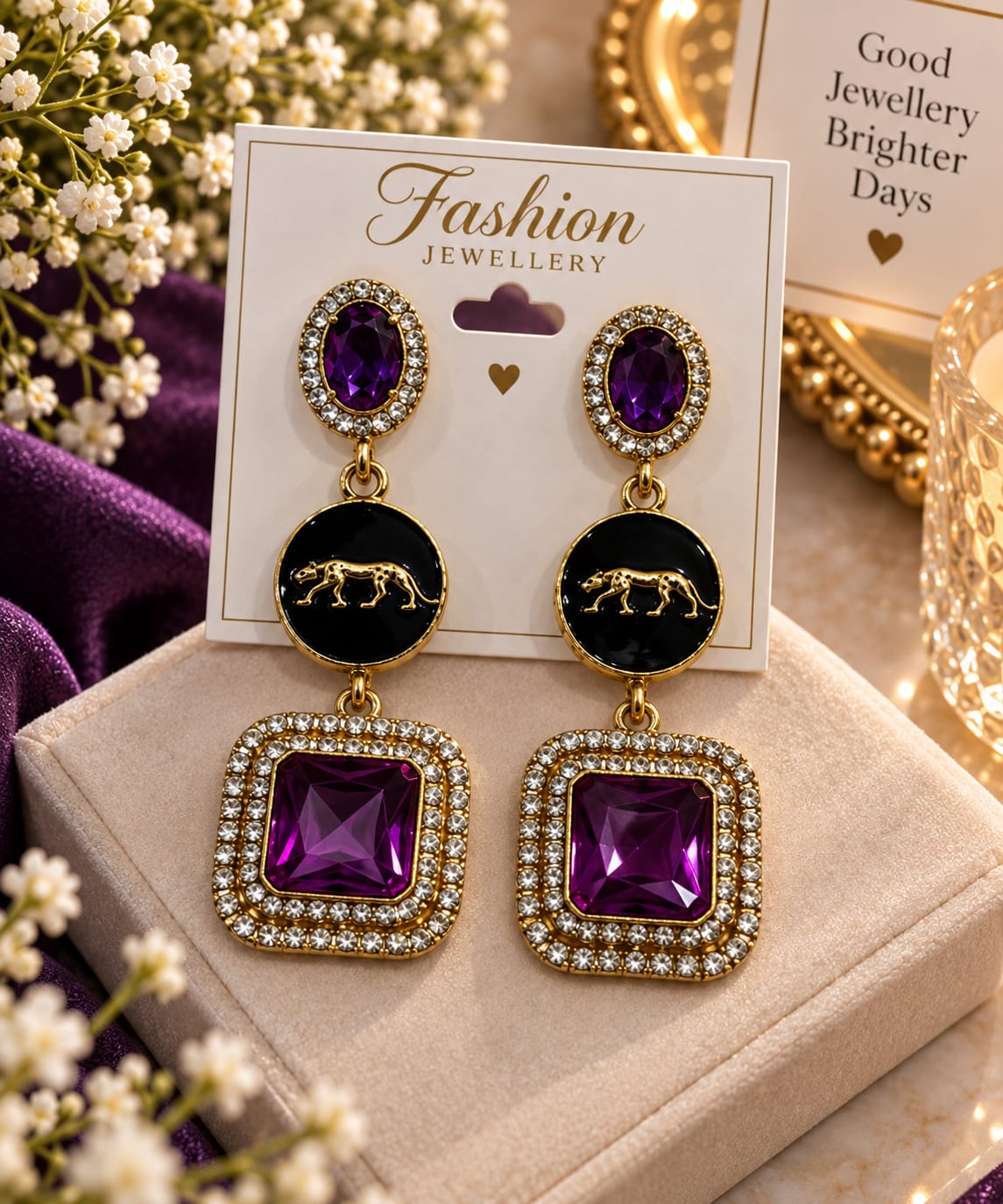 Amethyst panther statement earrings