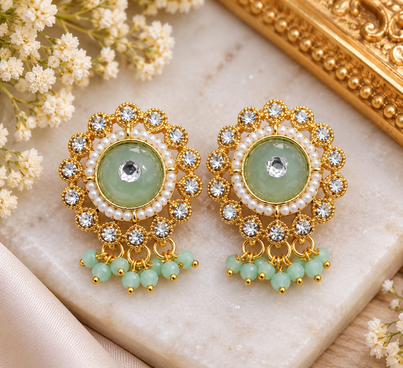 Mint round pearl drop studs