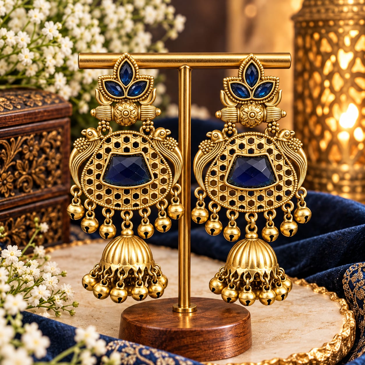 Blue lotus-top Kashmiri jhumka earrings