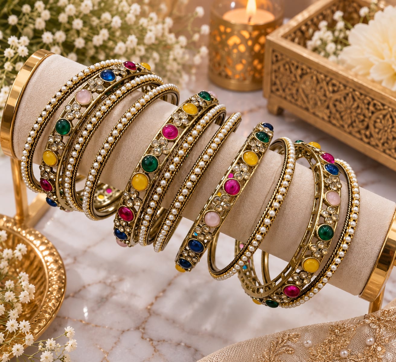 Multicolour single-row stone bangle stack