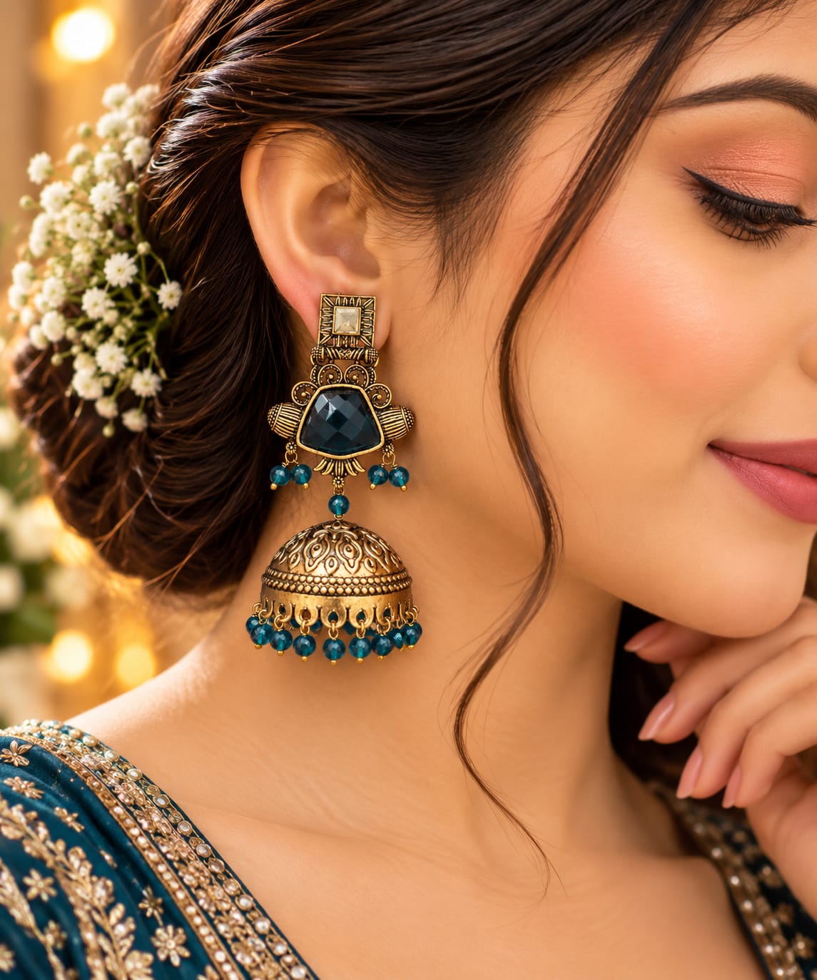 Royal blue square-top coloured-bead jhumka earrings