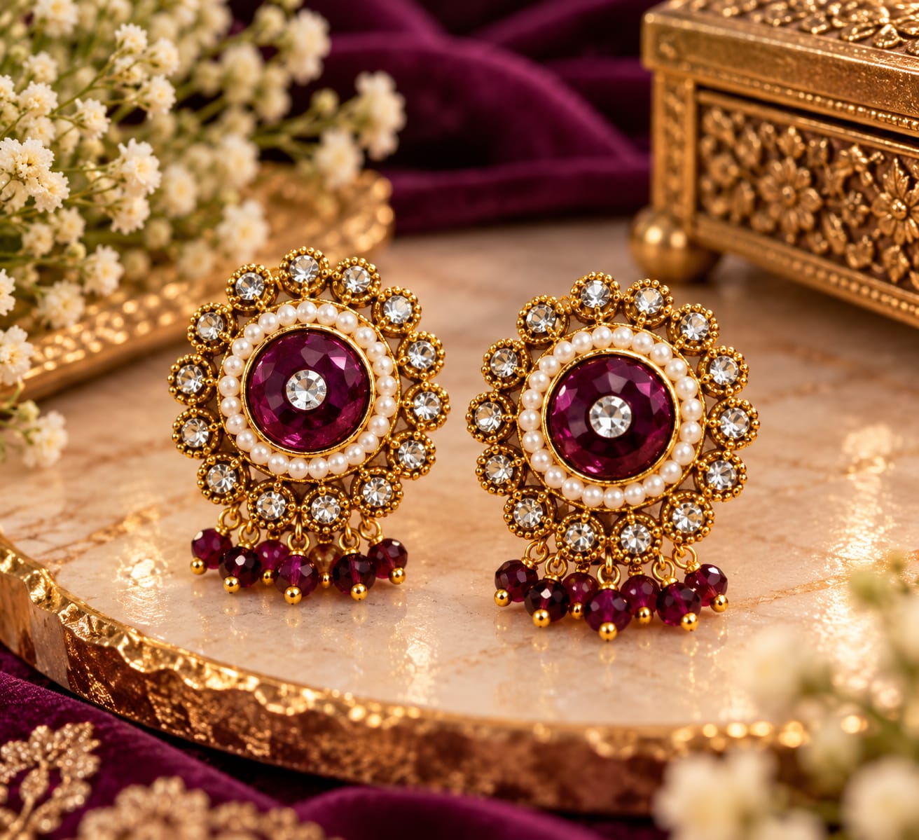 Plum round pearl drop studs