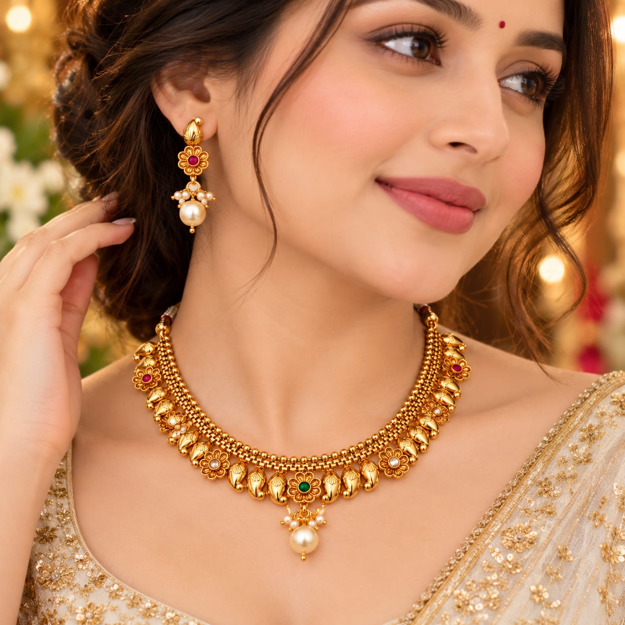 Ruby floral and green centre necklace and earrings set, additional product photo 2