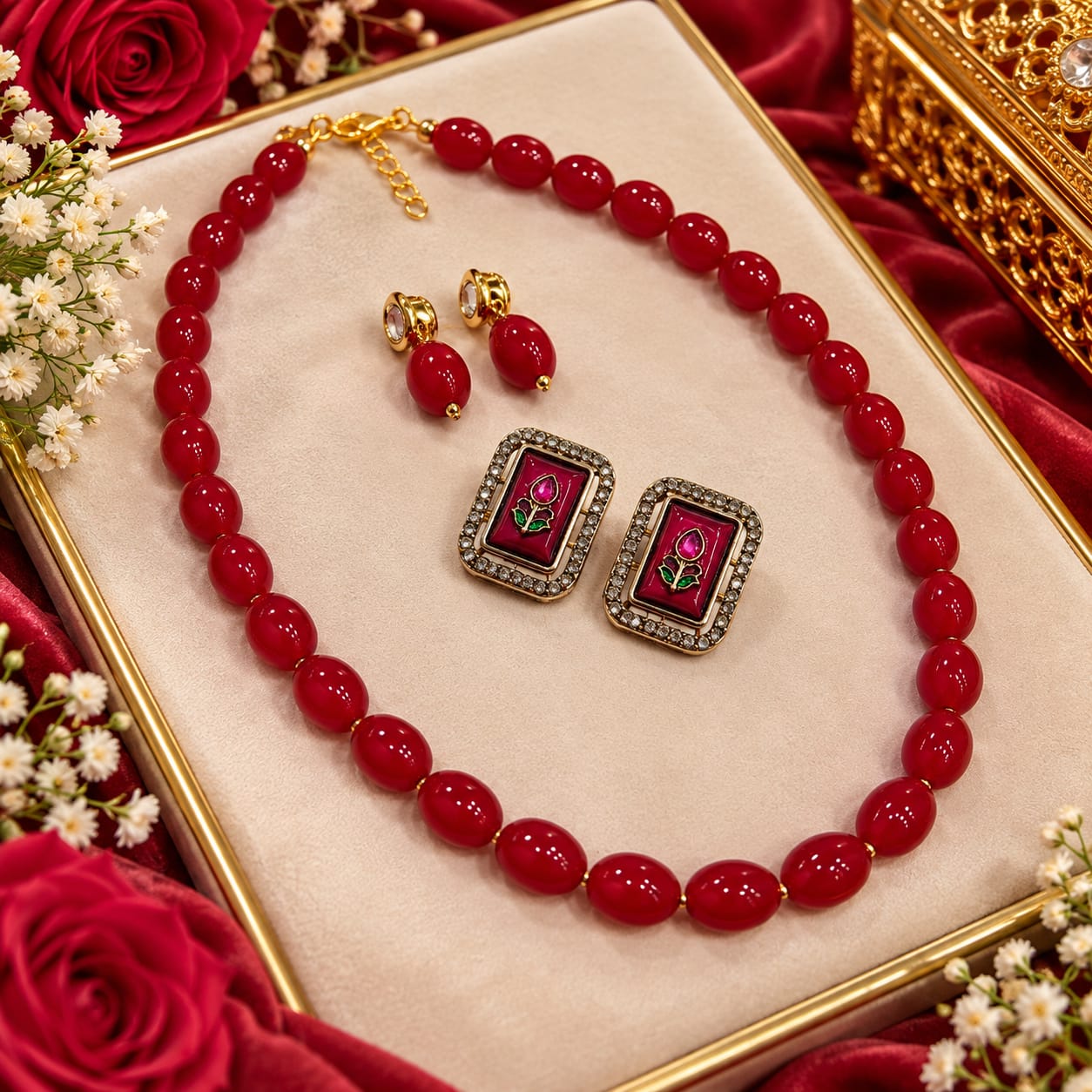 Red bead necklace with floral-inlay studs