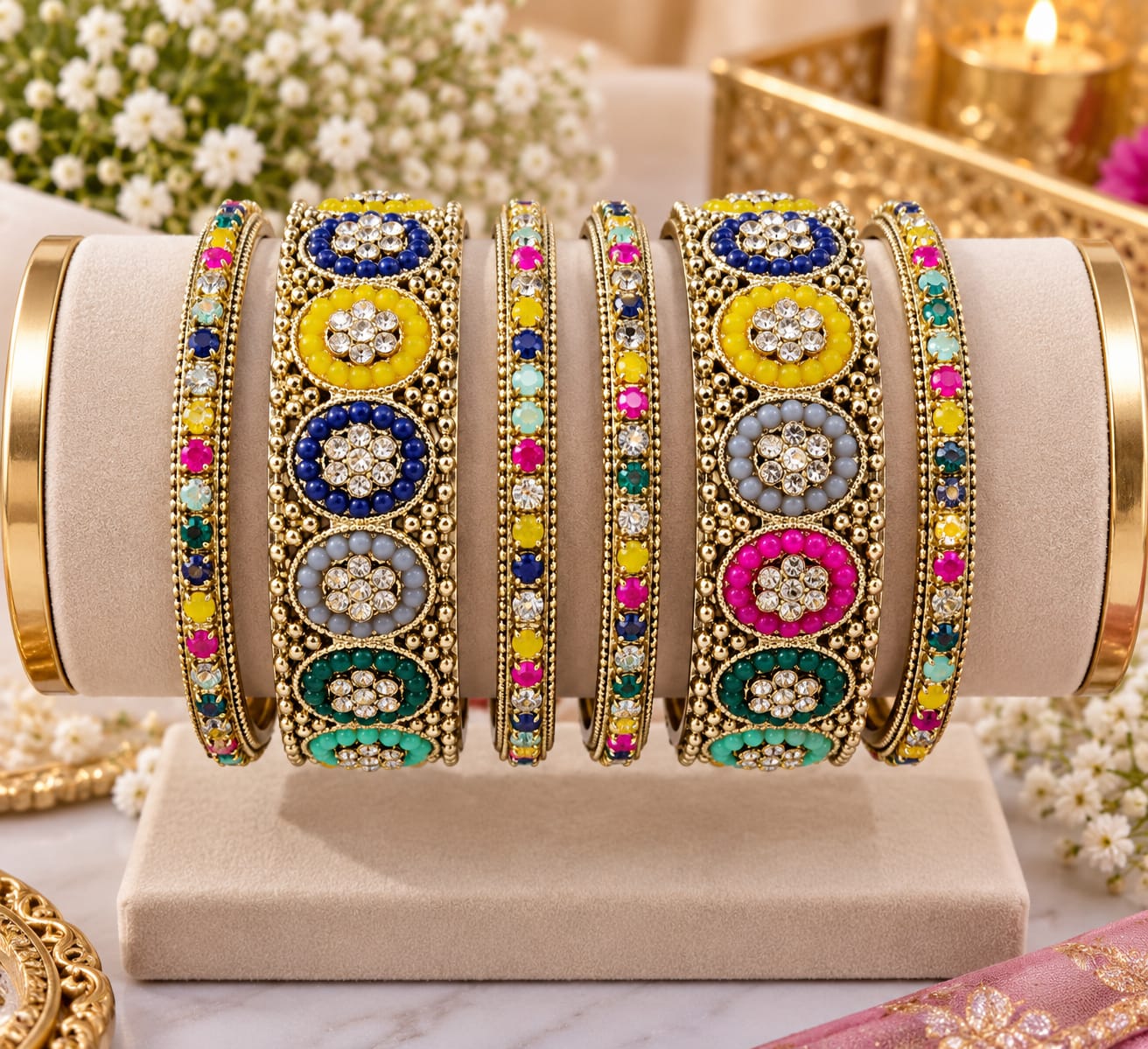 Multicolour round-medallion layered bangle set