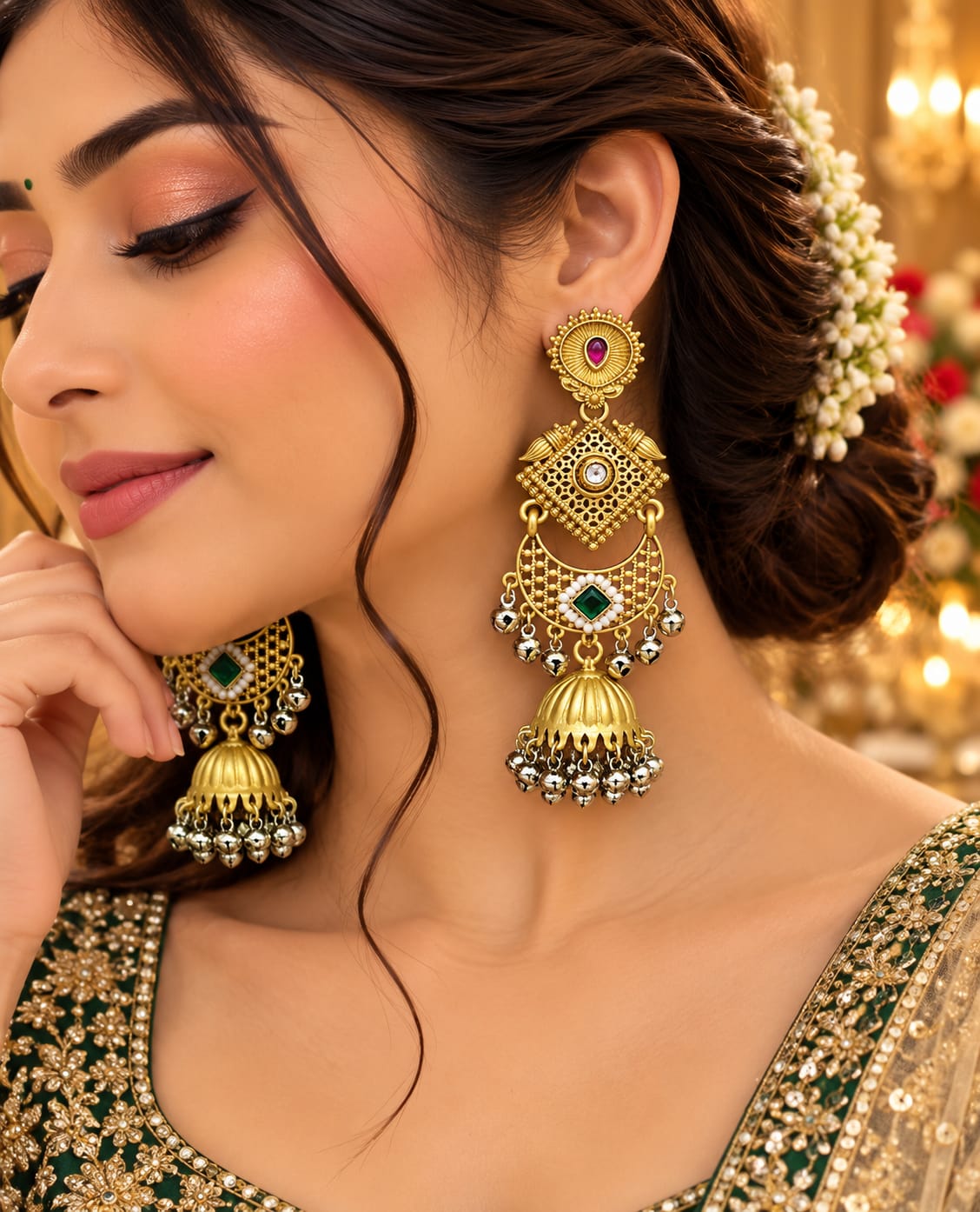 Emerald diamond motif Kashmiri jhumkas