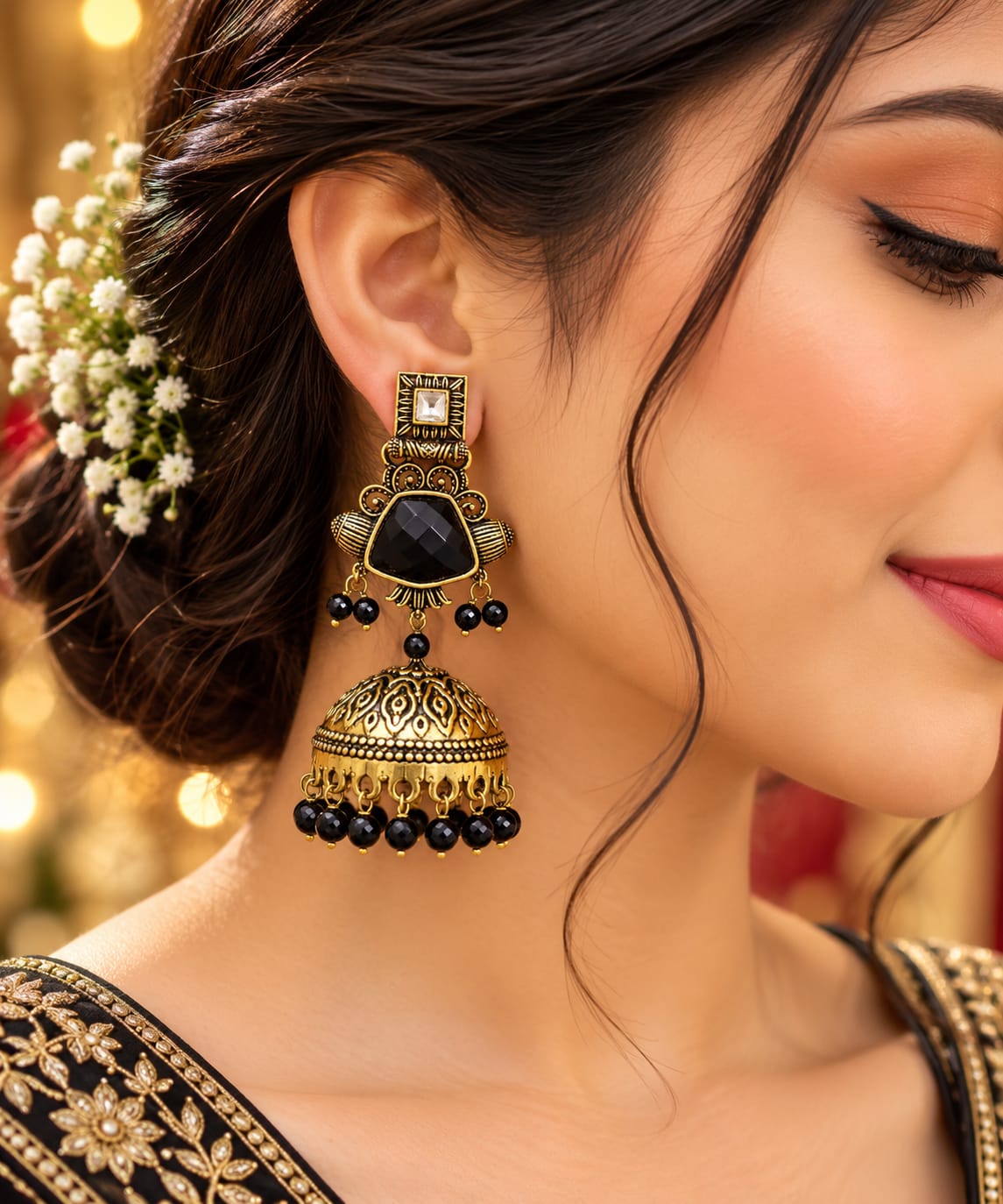 Black square-top coloured-bead jhumka earrings