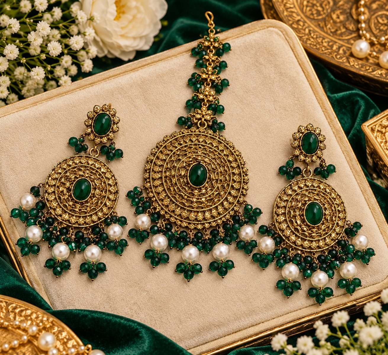 Deep green circular earrings and maang tikka set