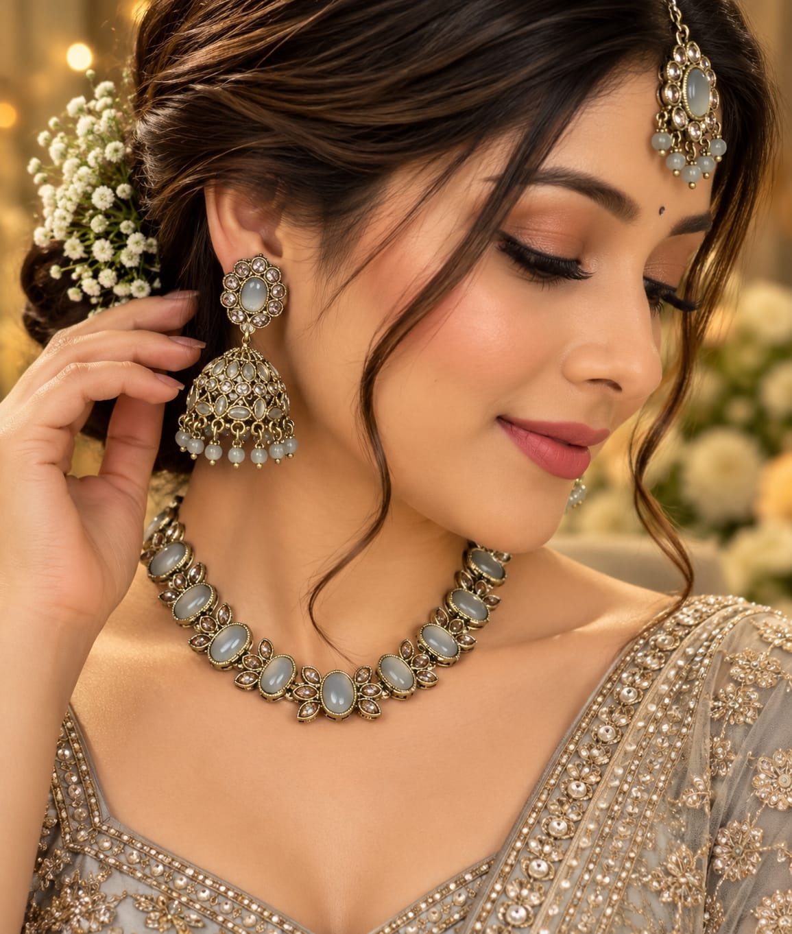 Silver grey stone necklace, jhumki and tikka set